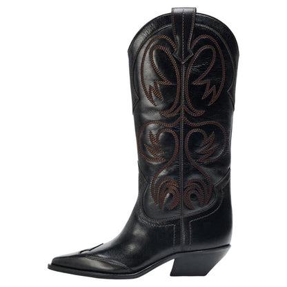 Women's Embroidered Pointed Toe Western Knee-High Boots — black embroidered boot, side angle