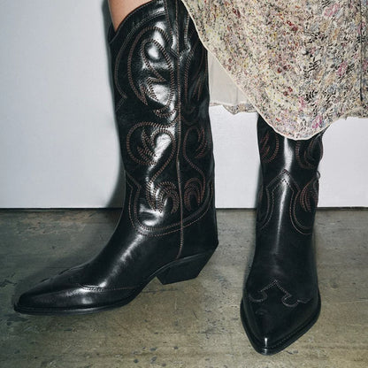 Women's Embroidered Pointed Toe Western Knee-High Boots — black embroidered boots worn with dress