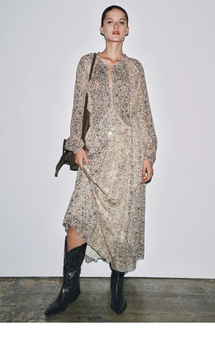 Women's Embroidered Pointed Toe Western Knee-High Boots — model wearing black embroidered boots with dress