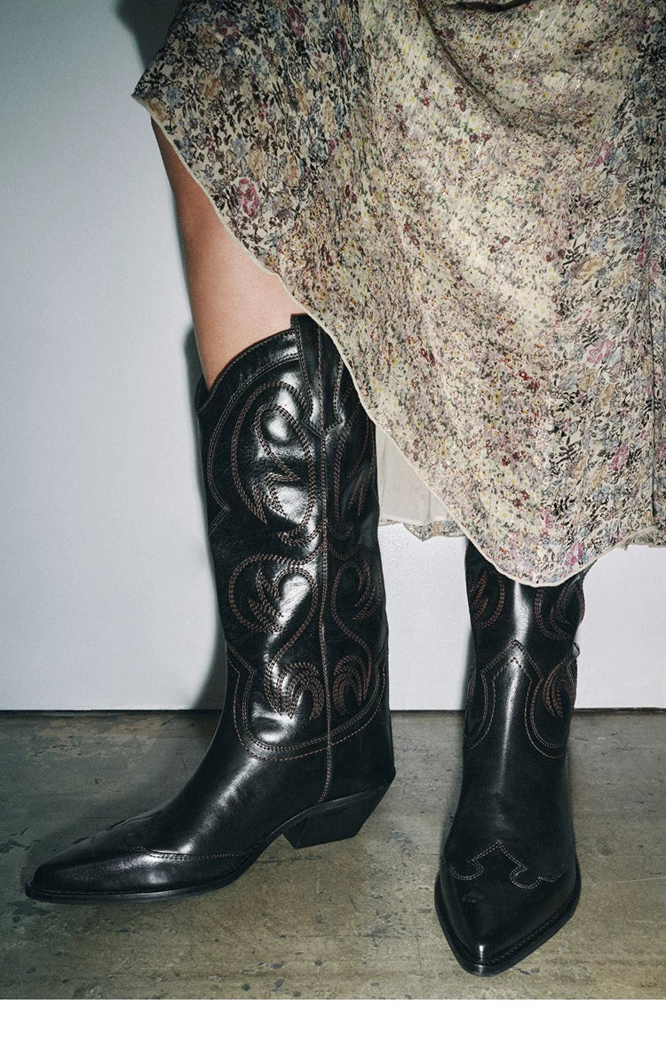 Women's Embroidered Pointed Toe Western Knee-High Boots — black embroidered boots worn, close-up