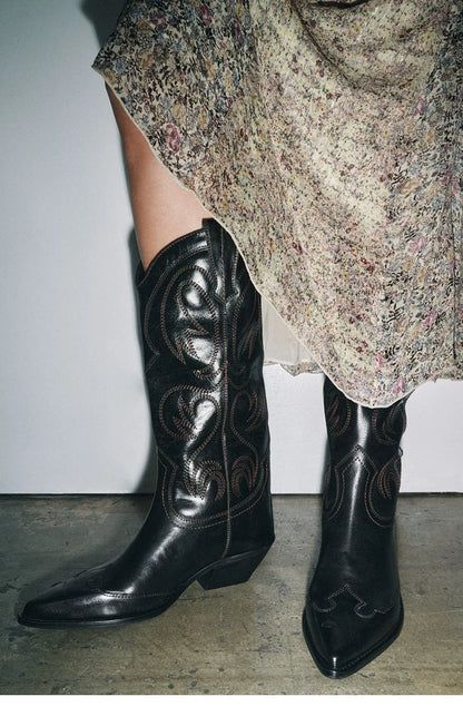 Women's Embroidered Pointed Toe Western Knee-High Boots — black embroidered boots worn, close-up