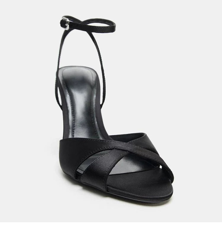 Women's Ankle-Strap Stiletto Sandals — black ankle-strap sandal, front view