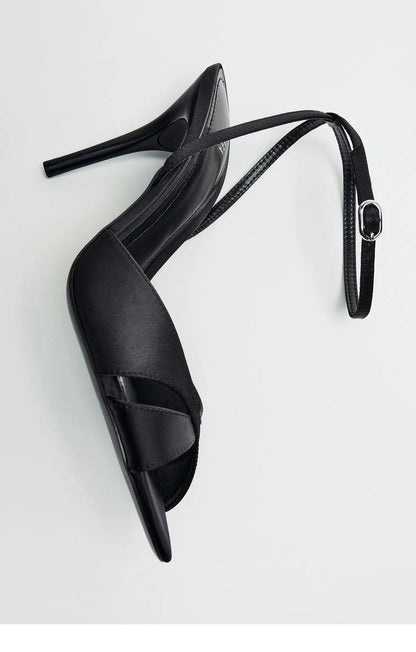 Women's Ankle-Strap Stiletto Sandals — black ankle-strap sandal, top view