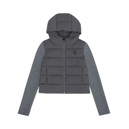  women's grey down jacket - knit paneled ultra light hooded puffer winter coat
