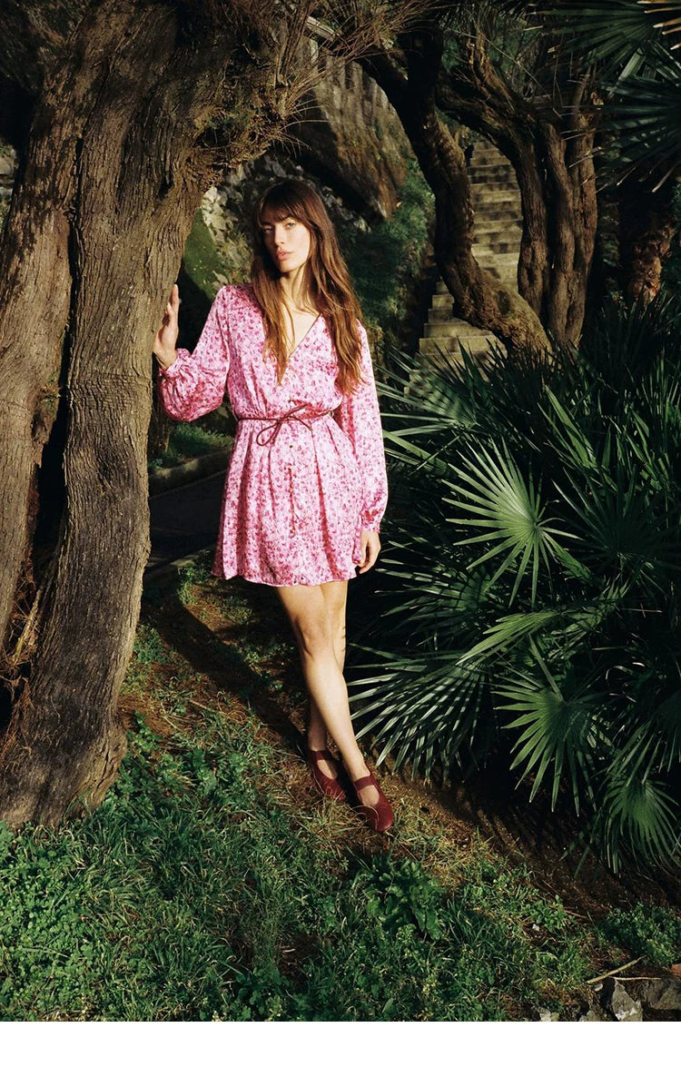 Women's Low-Heel Mary Jane Ballet Flats — model wearing burgundy flats with pink dress
