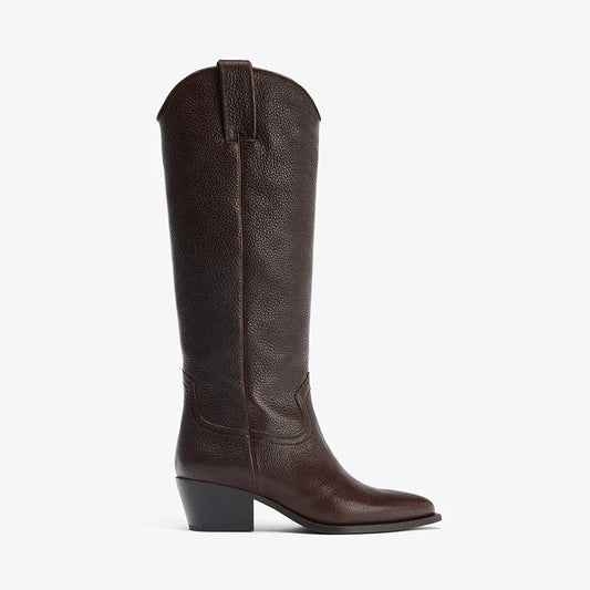 Women's Leather Pointed Toe Western Knee-High Boots — brown Western boot, side view