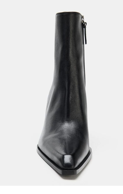 Women's Leather Square Toe Western Ankle Boots — black ankle boot, front view