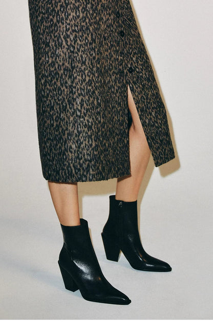 Women's Leather Square Toe Western Ankle Boots — black ankle boots worn with patterned skirt