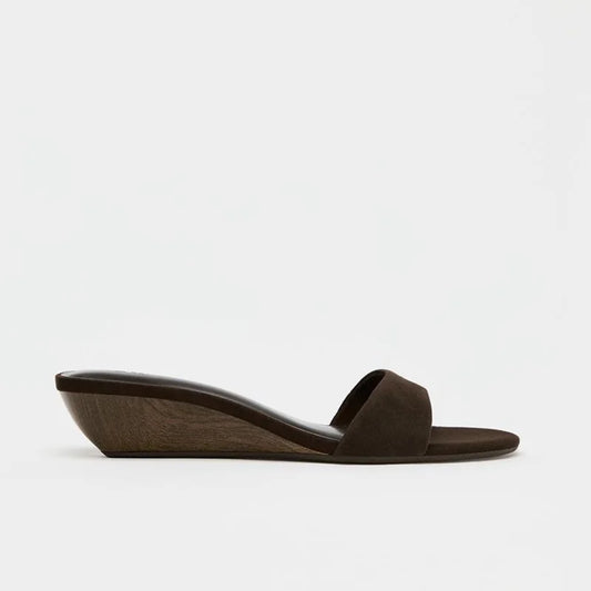 Women's Mid-Heel Single Strap Slide Sandals — brown single-strap mule, side view