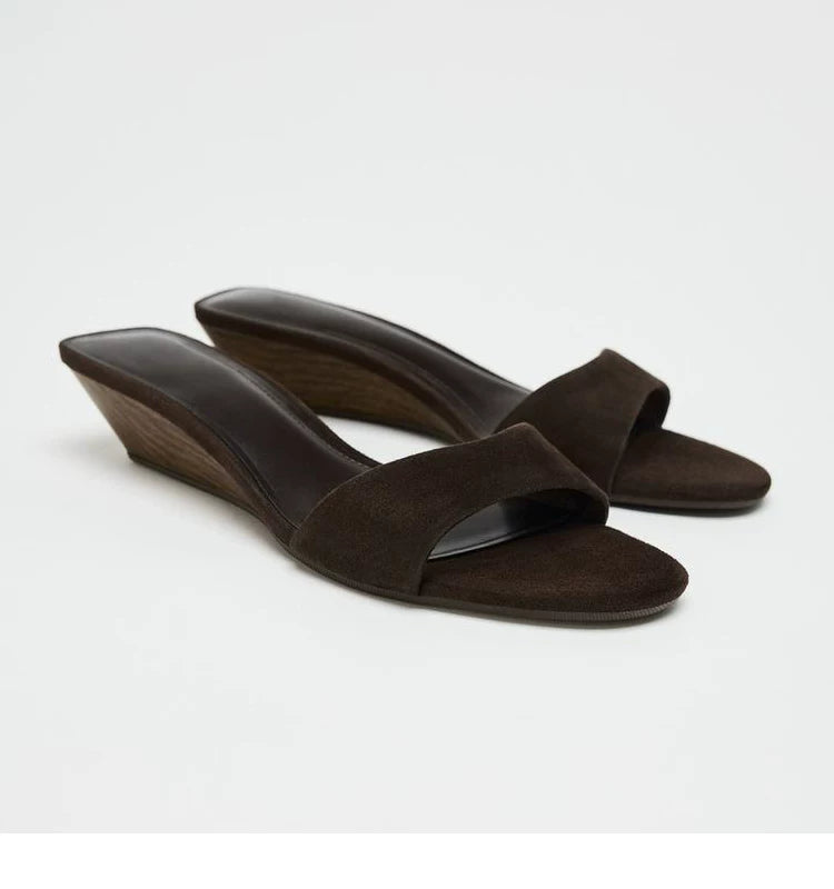 Women's Mid-Heel Single Strap Slide Sandals — brown single-strap pair, front angle