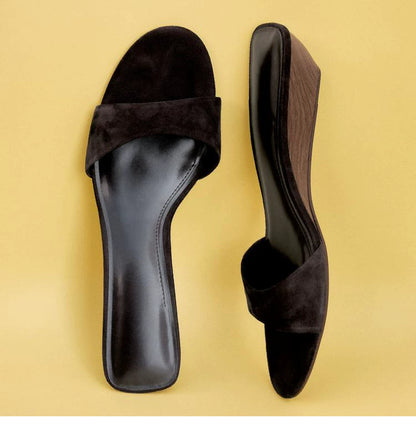 Women's Mid-Heel Single Strap Slide Sandals — brown pair, top and side views