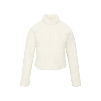 Women's off white short faux shearling jacket - off white fuzzy coat stand collar cropped winter coat trendy