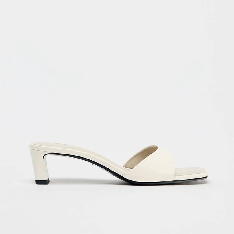 Women's Open Toe High-Heel Mule Slide Sandals — white mule, side view