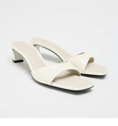 Women's Open Toe High-Heel Mule Slide Sandals — white mule pair, front angle