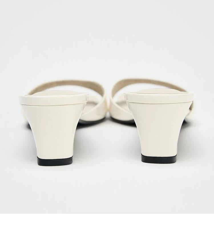 Women's Open Toe High-Heel Mule Slide Sandals — white mule pair, rear view