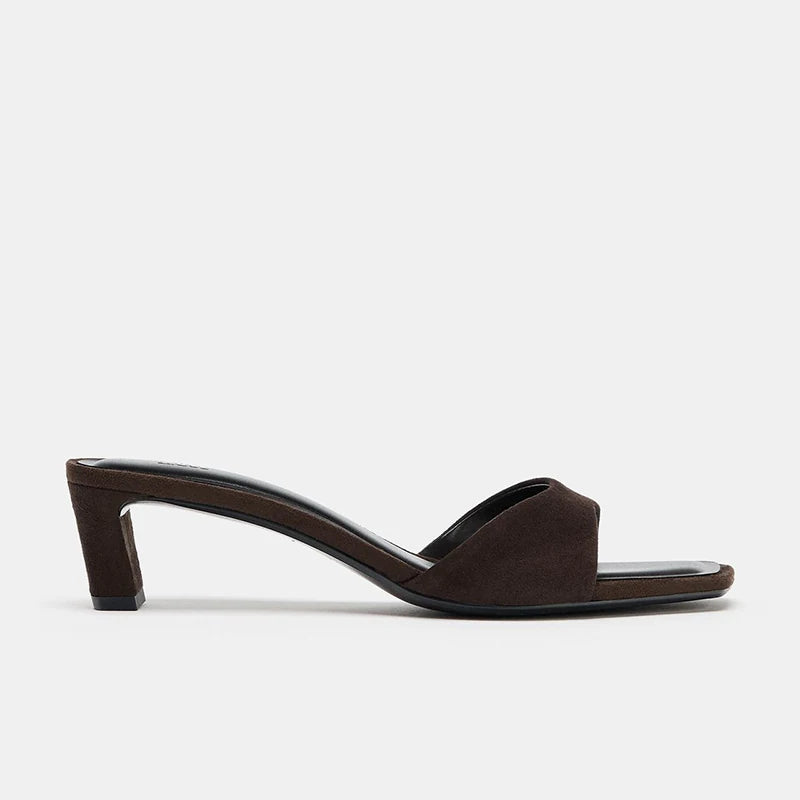 Women's Open Toe High-Heel Mule Slide Sandals — brown mule, side view