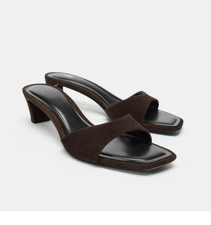 Women's Open Toe High-Heel Mule Slide Sandals — brown mule pair, front angle