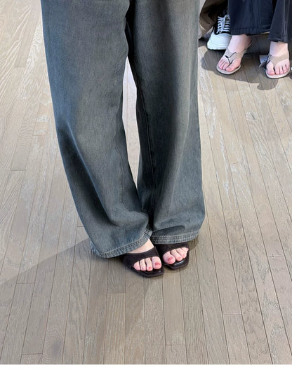 Women's Open Toe High-Heel Mule Slide Sandals — brown mules worn with denim
