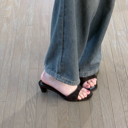 Women's Open Toe High-Heel Mule Slide Sandals — brown mule worn, side view