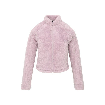 Women's pink short faux shearling jacket - light pink fuzzy coat stand collar cropped winter coat trendy