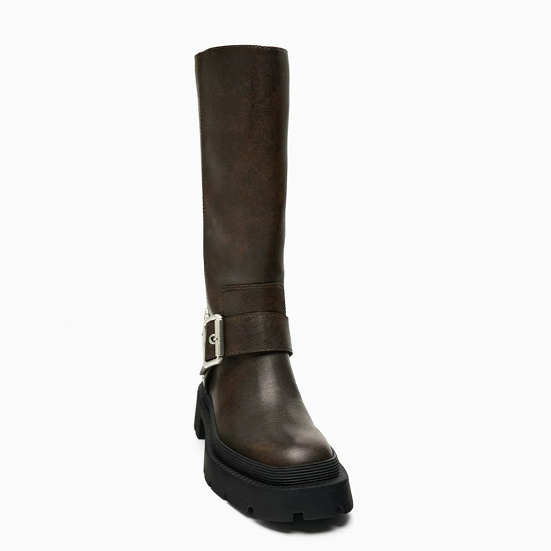 Women's Platform Block Heel Knee-High Boots — brown buckle boot, front view