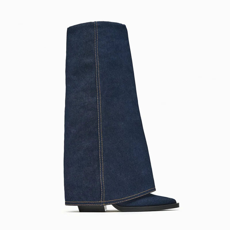 Women's Pointed Toe Block Heel Western Knee-High Boots — dark denim wide-shaft boot, side view