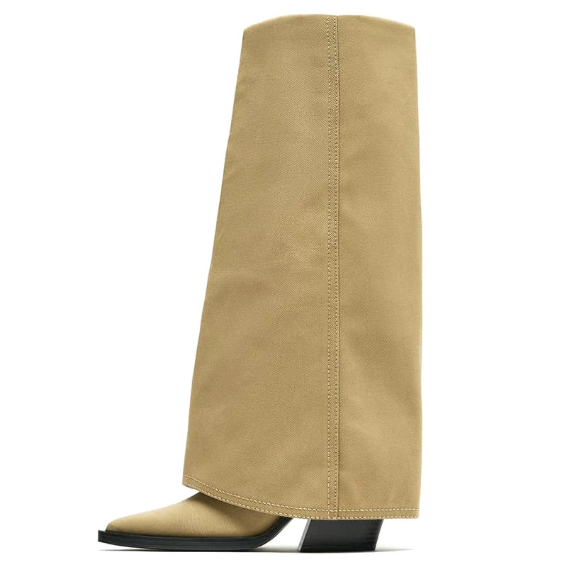 Women's Pointed Toe Block Heel Western Knee-High Boots — beige boot, opposite side view