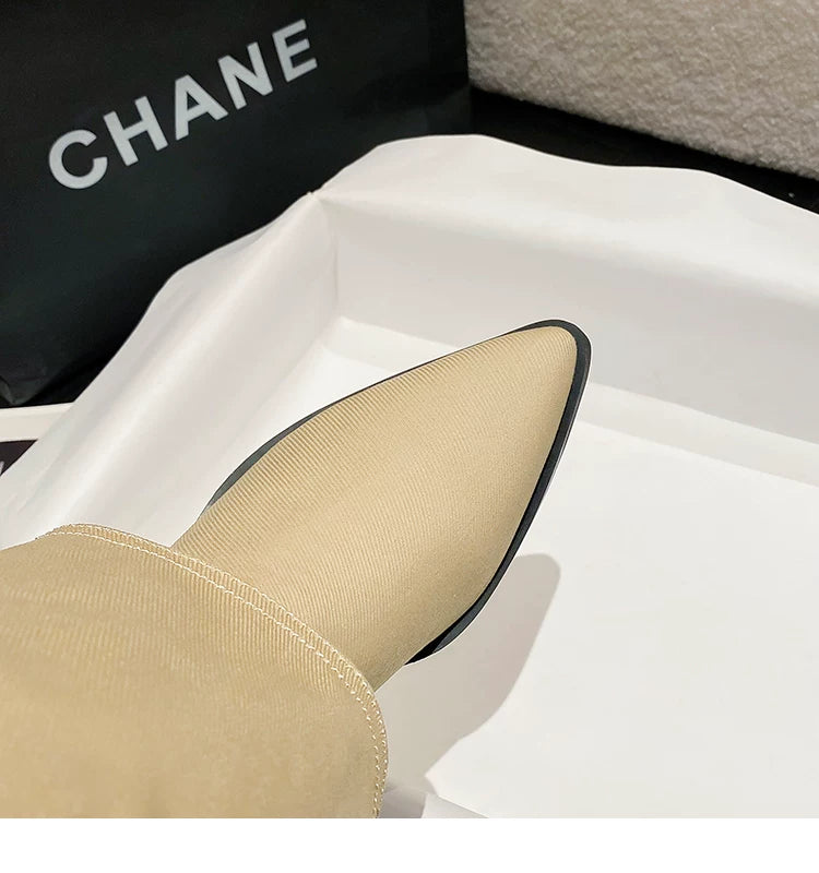 Women's Pointed Toe Block Heel Western Knee-High Boots — beige pointed toe, close-up