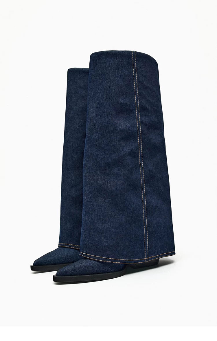 Women's Pointed Toe Block Heel Western Knee-High Boots — dark denim pair, front angle
