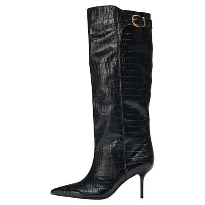 Women's Pointed Toe Buckle Knee-High Boots — black croc-effect boot, side angle