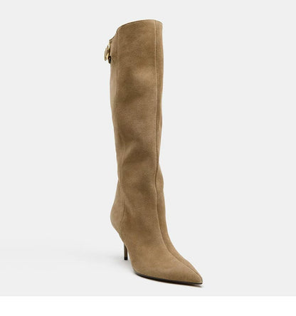 Women's Pointed Toe Buckle Knee-High Boots — tan boot, front view