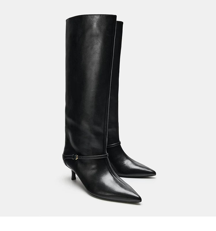 Women's Pointed Toe Kitten Heel Wide-Shaft Boots — black knee-high pair, front angle