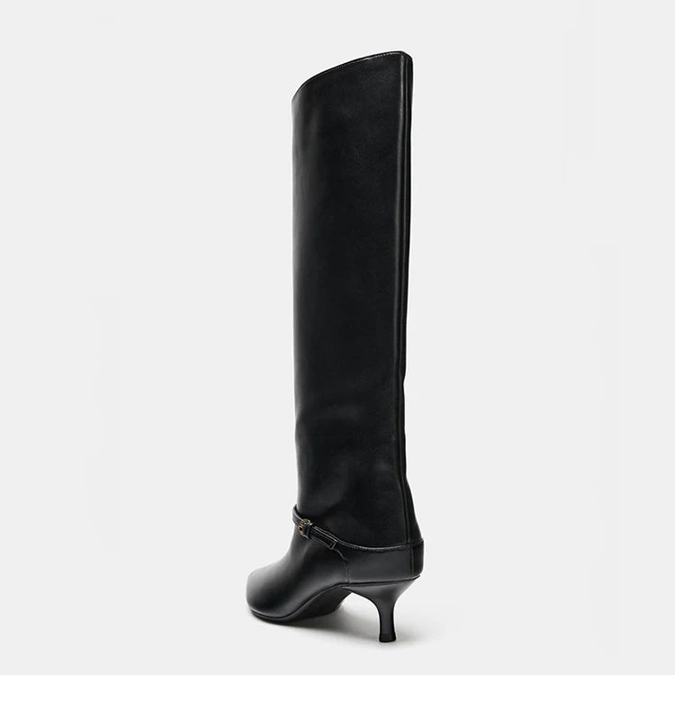 Women's Pointed Toe Kitten Heel Wide-Shaft Boots — black knee-high boot, rear view