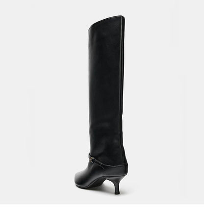 Women's Pointed Toe Kitten Heel Wide-Shaft Boots — black knee-high boot, rear view