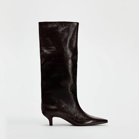 Women's Pointed Toe Kitten Heel Wide-Shaft Knee-High Boots — dark brown boot, side view