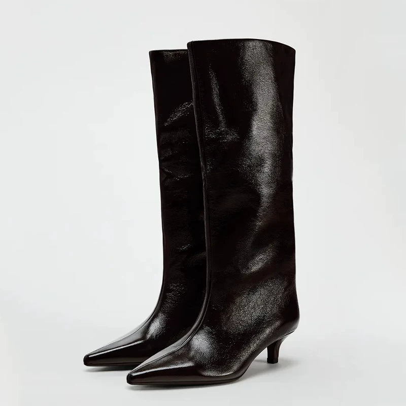 Women's Pointed Toe Kitten Heel Wide-Shaft Knee-High Boots — dark brown pair, front angle