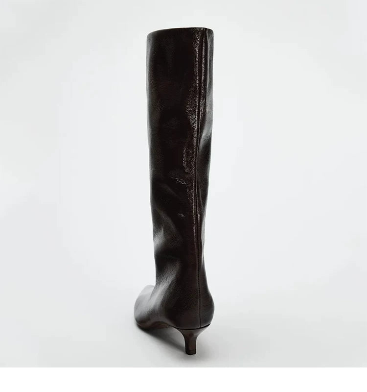 Women's Pointed Toe Kitten Heel Wide-Shaft Knee-High Boots — dark brown boot, rear view