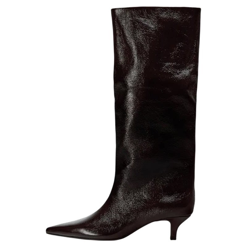 Women's Pointed Toe Kitten Heel Wide-Shaft Knee-High Boots — dark brown boot, side angle