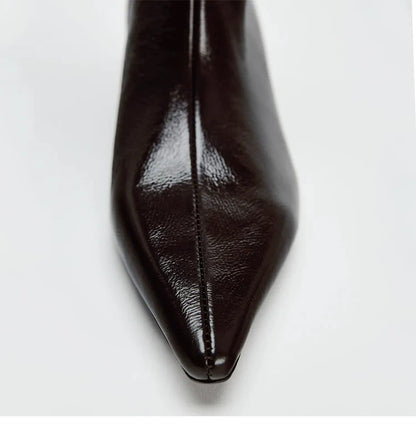 Women's Pointed Toe Kitten Heel Wide-Shaft Knee-High Boots — dark brown pointed toe, close-up