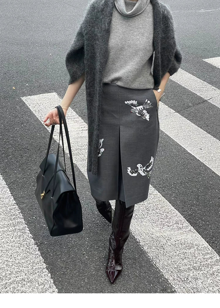 Women's Pointed Toe Kitten Heel Wide-Shaft Knee-High Boots — dark brown boots worn with grey skirt