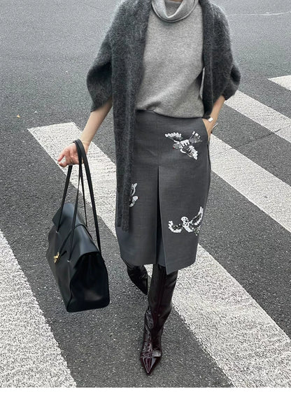 Women's Pointed Toe Kitten Heel Wide-Shaft Knee-High Boots — dark brown boots worn with grey skirt