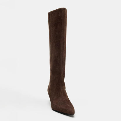 Women's Suede Pointed-Toe 5cm Heel Knee-High Boots — brown boot, front angle