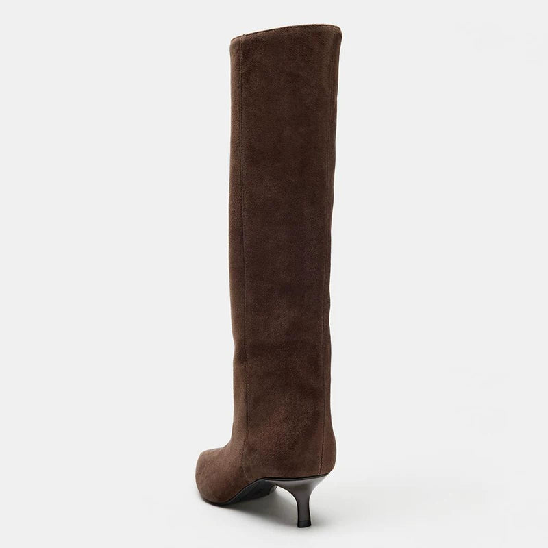 Women's Suede Pointed-Toe 5cm Heel Knee-High Boots — brown boot, rear angle