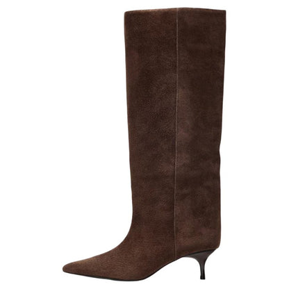 Women's Suede Pointed-Toe 5cm Heel Knee-High Boots — brown pair, side view