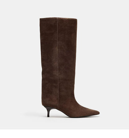 Women's Suede Pointed-Toe 5cm Heel Knee-High Boots — brown boot, side view on white background