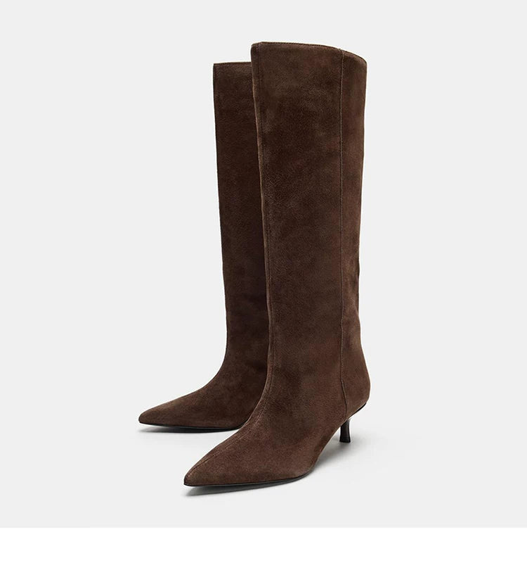 Women's Suede Pointed-Toe 5cm Heel Knee-High Boots — brown pair, front angle on white background