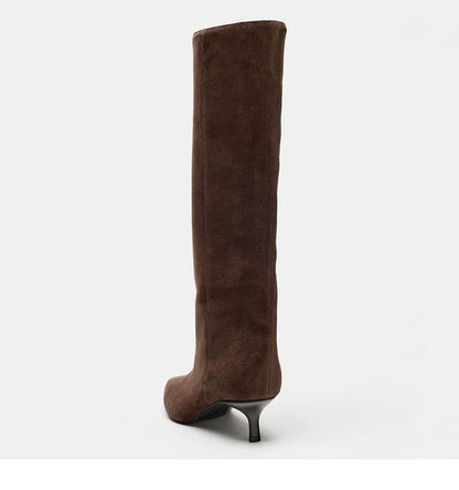 Women's Suede Pointed-Toe 5cm Heel Knee-High Boots — brown boot, rear view