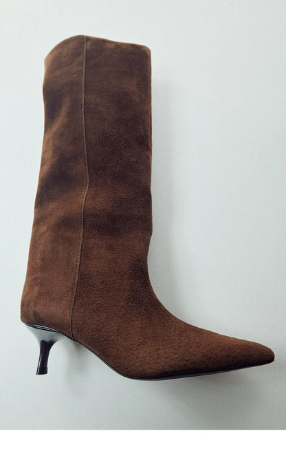 Women's Suede Pointed-Toe 5cm Heel Knee-High Boots — brown pointed toe and stiletto heel, close-up