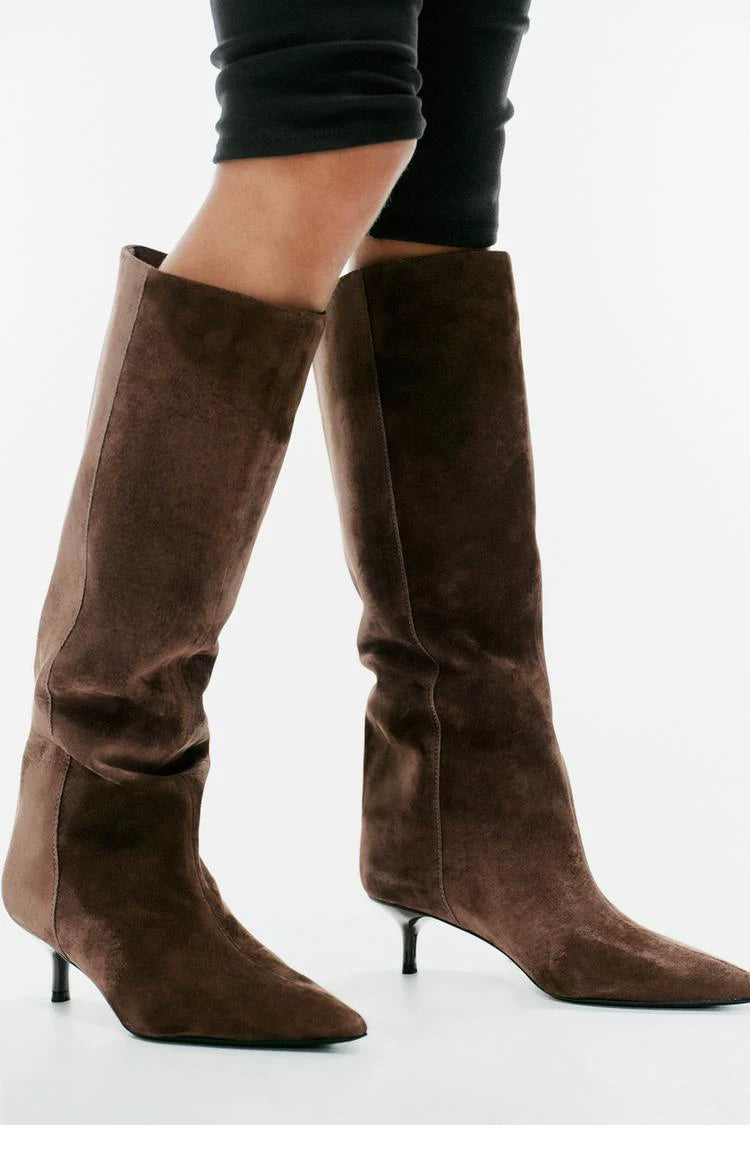 Women's Suede Pointed-Toe 5cm Heel Knee-High Boots — brown boots worn with shorts