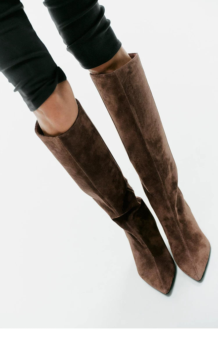 Women's Suede Pointed-Toe 5cm Heel Knee-High Boots — brown boots held in hand
